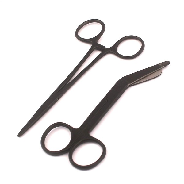 Heavy Duty All Black Lister Bandage Trauma Shears Scissors + Hemostat Forceps Straight Premium Quality (Precise Canada) (4.5" Scissors + 5" Straight Hemostat)