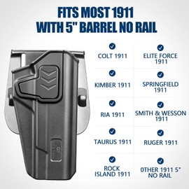 GUN & FLOWER OWB Holster Fit 1911 Colt-Elite Force-Kimber-Springfield-RIA-S&W-Ruger-Taurus-Rock Island and Most 1911 5'' No Rail, Index Finger Release, 360 Degrees Adjustable Paddle w/Molle Adapter