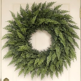 24" Real Touch Christmas Cedar Wreath - Artificial Cedar Wreaths Faux Green Fake Pine Needles Wreath for Front Door, Wall, Windows, Home,Outdoor,Xmas Decor