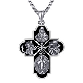 HUKKUN Miraculous Medal Sterling Silver Black Obsidian Four Way Cross Necklace Sacred Heart Saint Chistopher St Joseph Virgin Mary Necklace Scapulars Catholic Jewelry Gift for Men