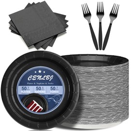 Black Paper Plates and Napkins Party Supplies-50 x 7''Dessert Plates & 50 x 5''Napkins & 50 x 7.08''Forks,Disposable Paper Tableware Set for Birthday,Anniversary,Retirement,Father's Day