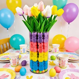 Decoración de mesa de huevos de Pascua, un juego de 16 tulipanes, 48 conejitos y una bolsa de relleno de jarrón de huevo de Pascua, centros de mesa de decoración de interiores para el hogar