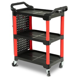 Auto Dynasty 3-Level Rolling Cart Trolley Storage Cart with Pegboard 120 kg/260 Lbs Capacity on Wheels Fits Garage, Warehouse, and Workshop Use, Black/Red