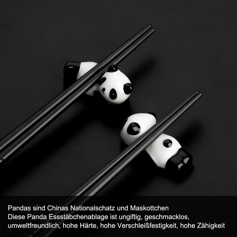 5 Pairs Panda Metal Chopsticks with Holder, Reusable Black Chinese