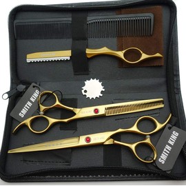 7.0 inch hair scissors set Hair cutting scissors & thinning scissors with razor combs in 1 set (Gold)