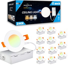 OUKEETO 3 Inch Led Recessed Light - 3000K/ 4000K/ 5000K 3 Color Selectable, 6W=45W 450Lm Ultra-Thin Dimmable Downlight Wafer Ceiling Light with Junction Box - ETL and Energy Star Certified(12 Pack)