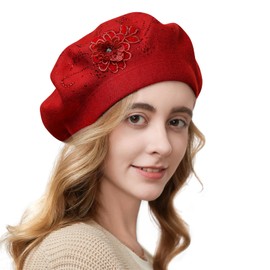 Gajaous Floral Embroidery Beret for Women, French Style Knitted Berets, Stylish Plain Colour Beret for Women Ladies, red
