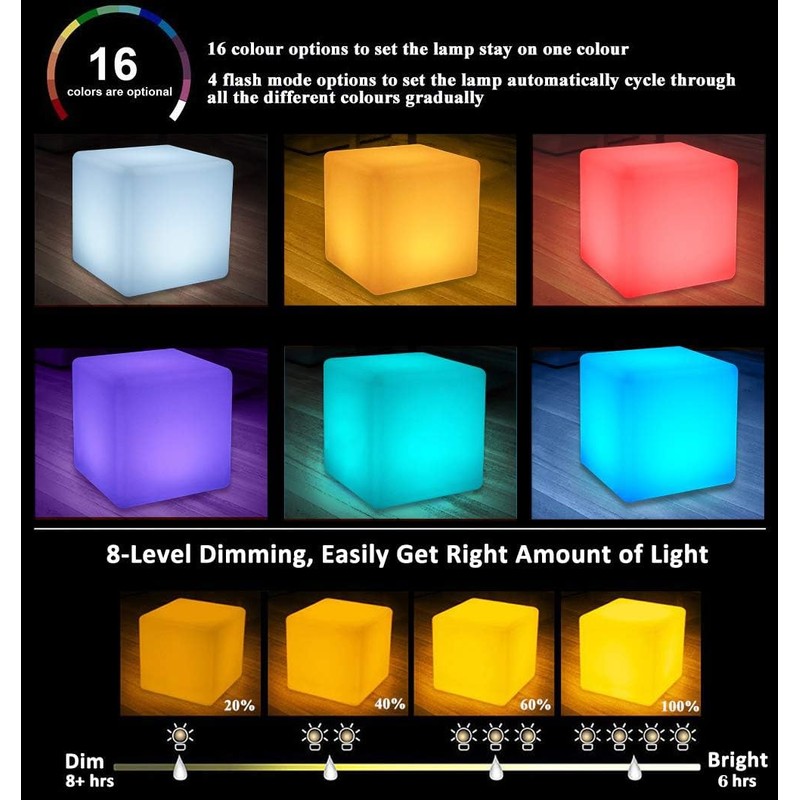 8-in Solar Cube Light Outdoor Waterproof, 16 Colors Illuminate Cube