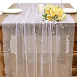 Dlpafzy White Pearl Spring Summer Table Runner Boho Rustic Tulle Lace Easter Table Runner for Baby Shower Wedding Arch Decor Veil Dessert Table Decor
