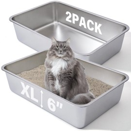 FUTAM Stainless Steel Litter Box 2 Pack, 23.6“x15.7"x6" Deep Stainless Steel Cat Litter Box Extra Large，XL Metal Litter Box for Big Cats with High Sides, Non Stick Surface, Easy to Clean