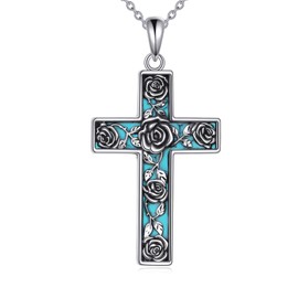 ANGSAU Turquoise Cross Necklace S925 Sterling Silver Turquoise Cross Pendant Necklace with Flower Turquoise Jewelry Gifts for Women