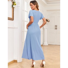 AISWI 2025 Women's Maternity Maxi Dress Ruffle Sleeve Wrap V Neck Pregnancy Dresses with Pockets Baby Shower Photoshoot Formal, Light Blue, Large