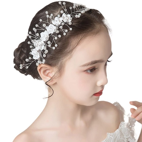 Campsis Communion Flower Girl Headpiece White Pearl Floral Headband with Comb Rose Crystal Hair Accessories Princess Wedding Prom Birthday Photography for Girls and Women, 7, Crystal, pearl