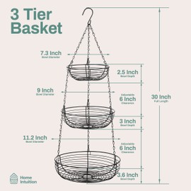 Heavy Duty 3-Tier Hanging Fruit and Vegetable Basket with 2 Metal Ceiling Hooks, Black