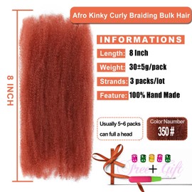 Afro Kinky Curly Synthetic Bulk Hair 8 Inch 3 Packs Marley Twist Hair Bulk for Dreadlock Extensions Spring Afro Twist Hair Bulk for Mini Twist Repair Locs (350#, 8 Inches)