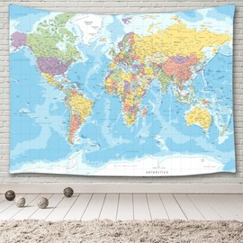 TOMOZ World Map Tapestry Wall Hanging for Kids Student, World Map with Countries and Major Cities Tapestry Educational Tapestry for Bedroom Living Room Dorm Home Decoration 90 x 60Inch
