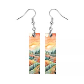 Twisted R Design Earrings,  Watercolor Foothills Print Wood Bar Printed Earrings Jewelry