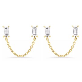 CZ Stud With Chain Double Piercing Earrings for Women Cartilage Two Holes Cuff Wrap Fashion Cubic Zirconia Wedding Minimalist Climber Crawler Threader Dangle Drop Hypoallergenic Gifts Xmas Anniversary (Clear)