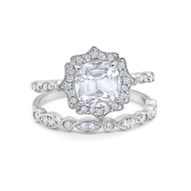 Blue Apple Co. Two Piece Art Deco Wedding Engagement Ring Band Cushion Cubic Zirconia 925 Sterling Silver, Sterling Silver gemstone, simulated cz