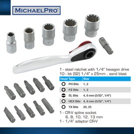 MichaelPro MP012006RD 1/4 Inch Mini High Torque Mini Ratchet Screwdriver 17 in 1 Short Quarter Ratchet with Bits, Slotted and Adapter