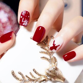 24pcs Christmas Press on Nails Short Square Snowflake Fake Nails with Designs Elk False Nails Glue on Nails Full Cover Red Acrylic Nails for Women Girl Holiday Nail Decoration