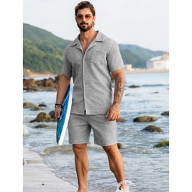URRU Men's Summer Beach Outfits 2 Piece Short Sleeve Shirts and Shorts Vacation Texture Sets for Men with Pocket Grey L