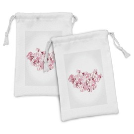 Lunarable Mongolian Fabric Pouch Set of 2, Mongolia Country Map Damasked with Cherry Blossoms Flora, Small Drawstring Bag for Toiletries Masks and Favors, 9" x 6", Dried Rose Pale Pink