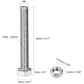 sourcing map M8 x 55mm Hex Head Screws Bolts, Nuts, Flat & Lock Washers Kits, 304 Stainless Steel Fully Thread Hexagon Bolts 4 Sets