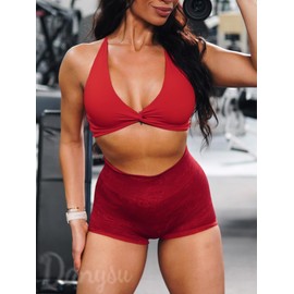 Danysu Women's Workout Sports Bras Backless Padded Low Impact Bra Yoga Crop Tank Top Twirl Front Ruby Red M