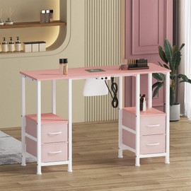 Manicure Table for Nail Tech, Nail Tech Table Station w/4 Storage Drawers & 2 Open Shelves, Nail Table w/Dust Collector for Beauty Salon Tech Station (Pink)