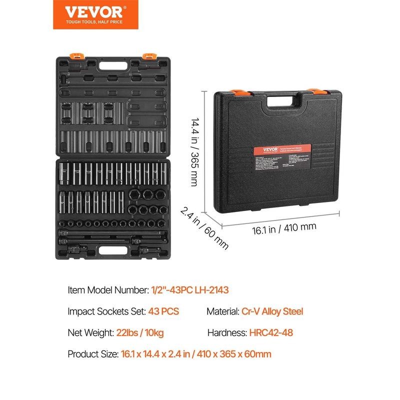 VEVOR Impact Socket Set 1/2 Inches 43 Piece Impact Sockets,
