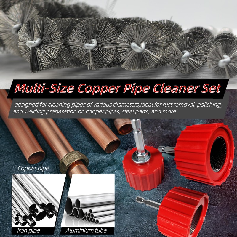 PokShow Copper Pipe Cleaner Set for Power Drill, Includes 3
