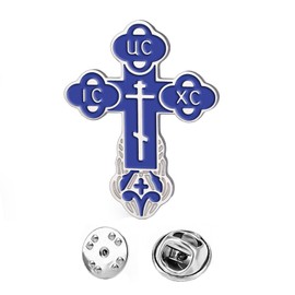 TEAMER Cross Brooch Pins Russian Orthodox Crucifix Eastern Church Brooch Religious Christian Prayer Jewelry for Men Women (Blue Silver)