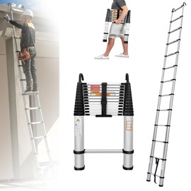 Aluminum Telescoping Ladder with 2 Detachable Roof Hooks, 16.4FT Portable Extension Ladder Multi-Purpose Lightweight Folding Ladder RV Collapsible Ladder, Anti-Slip Feet Attic Ladder, 330 Lb Capacity