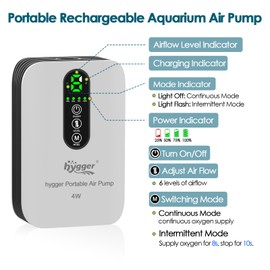 hygger Battery Powered Aquarium Air Pump 10-120Gal, Quiet USB Rechargeable Adjustable Fish Tank Air Pump, Portable Fish Oxygen Aerator Bubbler for Bait Bucket, Outdoor Fishing, Power Outage, Emergency