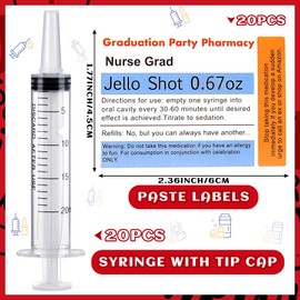 Threlaco 40 Pcs Nursing Graduation Party Supplies, 20 Pcs Plastic Syringes for Drinks, 20 Sticky Labels, Class of 2026 Graduation Decoration Nurse Party Supplies Bsn Rn Lpn Gift(20 ml)