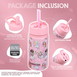 FAHRMOSIS 14 oz Kids Water Bottle | Insulated Water Bottle with Straw & 2 Lids | Reusable Double Insulated Water Bottle - Leakproof Kids Water Bottle for School and Outdoor Activities - Pink Princess