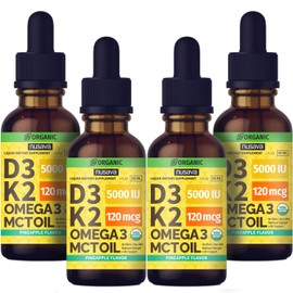 (4 Pack) Organic Vitamin D3 K2 Drops with MCT Oil Omega 3, Maximum Strength Vitamin D Liquid 5000 IU, No Fillers, Non-GMO Liquid D3 for Faster Absorption and Immune Support (Pineapple, 4 Fl Oz)