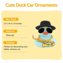 wonuu Car Decoration Saxophone Rubber Ducks, Dashboard Decor Duck Car Ornaments with Mini Top Hat Necklace Sunglasses, Light Blue