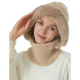 Warm Knitted Hat with Plush Pom for Women Winter Windproof One Piece Slouchy Beanie Warm Faux Fur Hooded Balaclava Knitted Cap Khaki