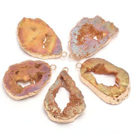 5pcs Agate Geode Crystal Druzy Pendant,Natural Golden Agate Gemstone Necklace Charms Slice Druzy Pendant for DIY Jewelry Making Necklace Bracelet