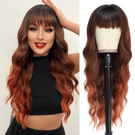 NAYOO NAYOO Long Auburn Wigs with Bangs for Women Curly Wavy Hair Wigs Heat Resistant Synthetic Fiber Wigs for Daily Party Use 26 Inches (Ombre Auburn)