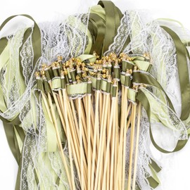 Pack of 50 Wedding Wands, Wedding Wands Seating Plan Wedding Streamers with Large Bells and Wedding Ribbons, Magic Wands Silk Fairy Rod for Weddings, Birthdays, Holiday Parties (Green)