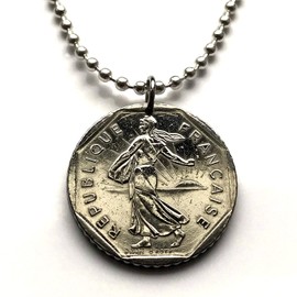 1982 France 2 Francs coin pendant La Semeuse the Sower & seed French jewelry Paris Marseilles Lyon Toulouse Mont Saint-Michel Nice Strasbourg Bordeaux Versailles Le Havre Rennes Reims Toulon n000369