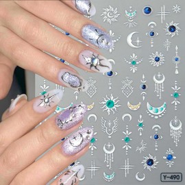 2Sheets Gold Silver Star Moon Nail Art Stickers 3D Gold Silver Sun Nail Decals with Blue Green Rhinestone Designs Nail Stickers for Acrylic Nails Self-Adhesive Gem Sun Nail Decal for Women Nails Decor
