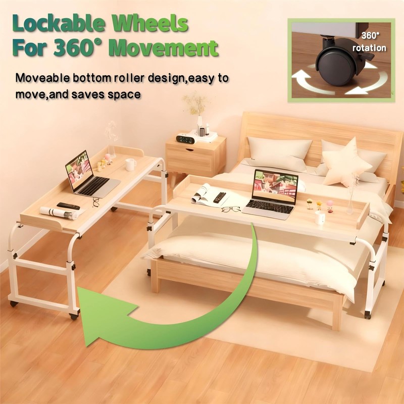 Overbed Table with Wheels and Desktop Enclosure, Height and Length