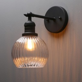 PERMO Vintage Wall Sconce 1 Light Wall Light Indoor Wall Sconce with Ribbed Globe Glass Shade Wall Light Fixtures for Hallway Bathroom Kitchen Living Room (Black)