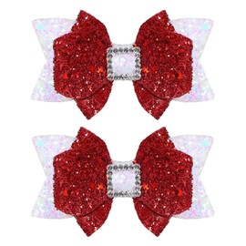 Glitter Hair Bow Clips 3.5 Inch Sweet Hairpins Girls Teens Kids Sparkly Hair Accessories for School Birthday Holiday Party Decor, White&Red