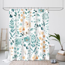 MAYZUS MAYZUS Teal Floral Shower Curtain 60x72, Cute Turquoise Flower Fabric Shower Curtains for Bathroom, Wildflower Butterfly Cloth Shower Curtain Set with Hooks