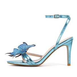 MissHeel Butterfly Heels for Women Blue High Heel Ankle Strap Stiletto-Heel with Butterflies Shoes Wedding Party Prom Size 8